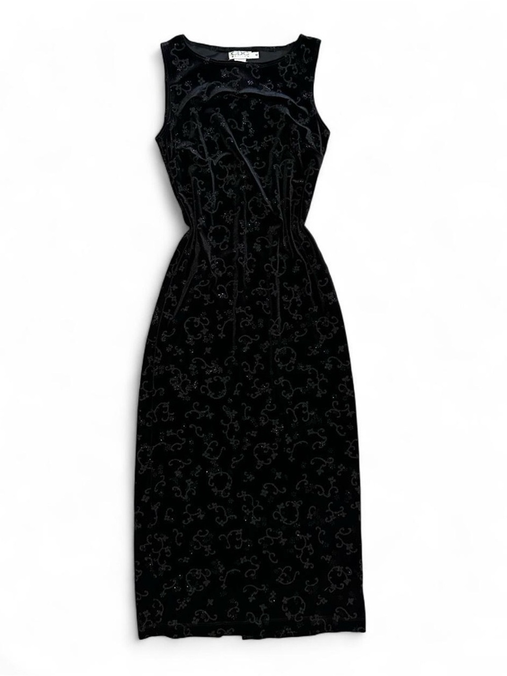 Women’s Vintage CDC Petites Black Velvet Floral Beaded Sleeveless Midi Dress 4